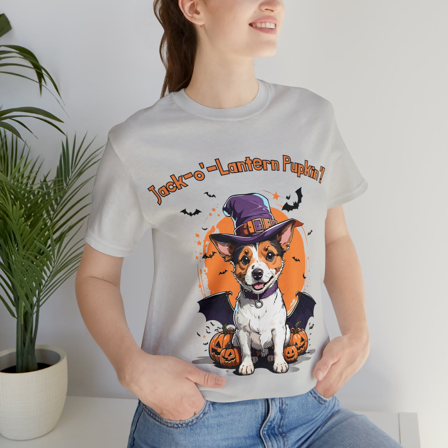 Jack Russell Terrier with Bat Wings: Halloween Pumpkin Pup T-Shirt | Halloween Vibes Tee