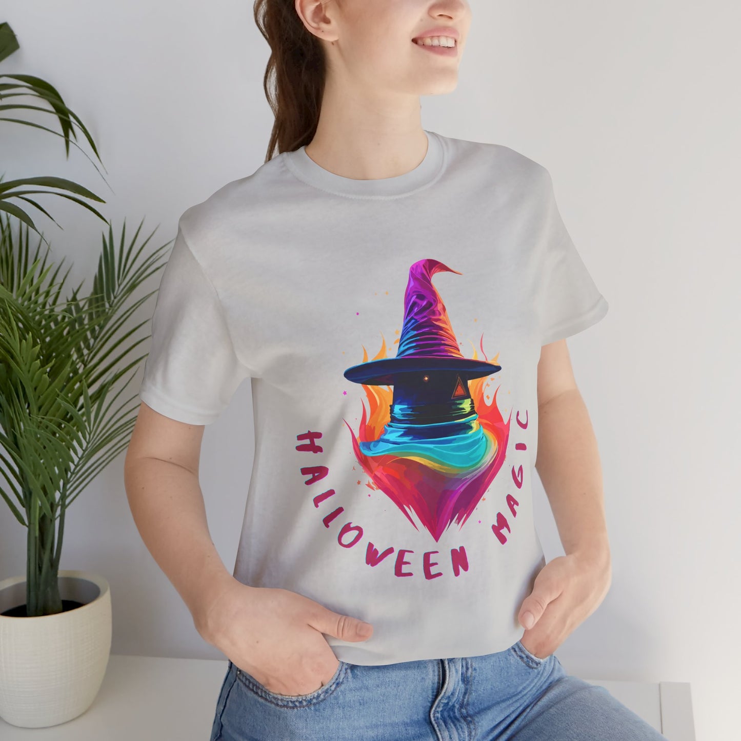 Whimsical Witch's Hat: Pop Art Neon Glow T-Shirt | Halloween Vibes Tee