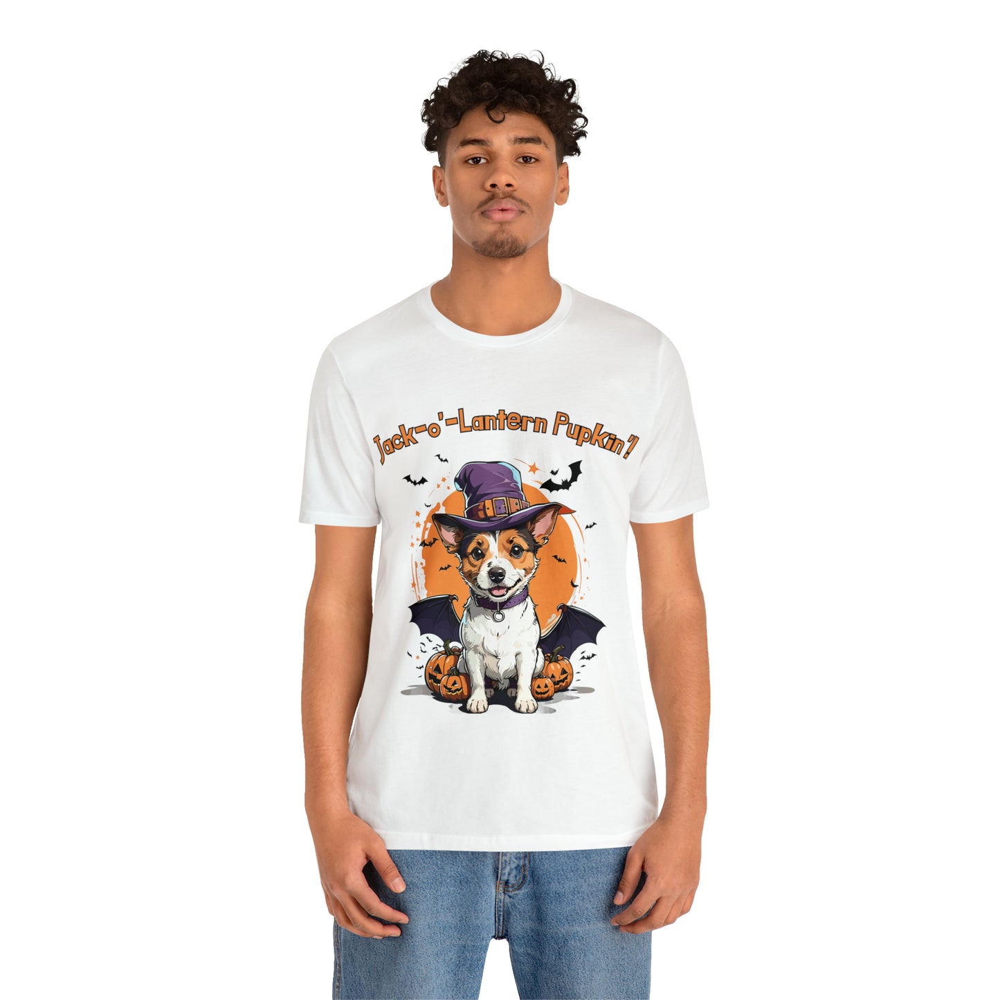 Jack Russell Terrier with Bat Wings: Halloween Pumpkin Pup T-Shirt | Halloween Vibes Tee