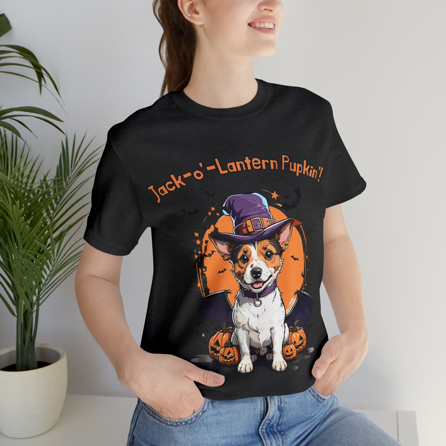 Jack Russell Terrier with Bat Wings: Halloween Pumpkin Pup T-Shirt | Halloween Vibes Tee