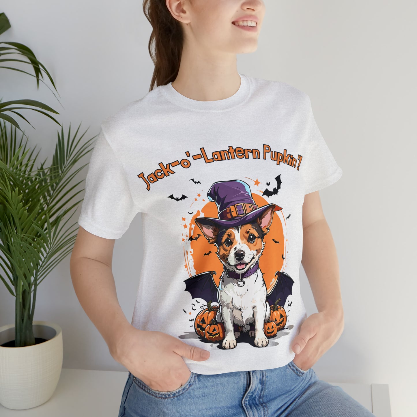 Jack Russell Terrier with Bat Wings: Halloween Pumpkin Pup T-Shirt | Halloween Vibes Tee