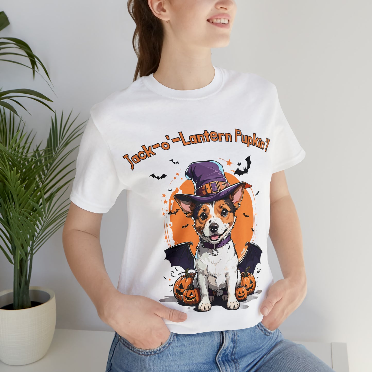 Jack Russell Terrier with Bat Wings: Halloween Pumpkin Pup T-Shirt | Halloween Vibes Tee