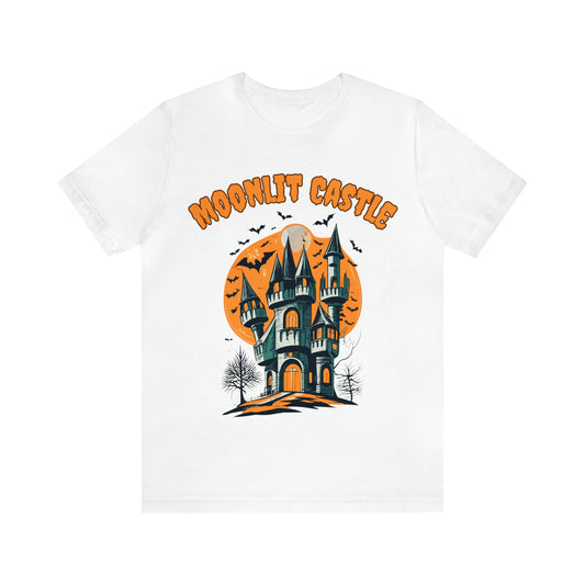 Moonlit Haunted Castle: Eerie Atmosphere T-Shirt | Halloween Vibes Tee