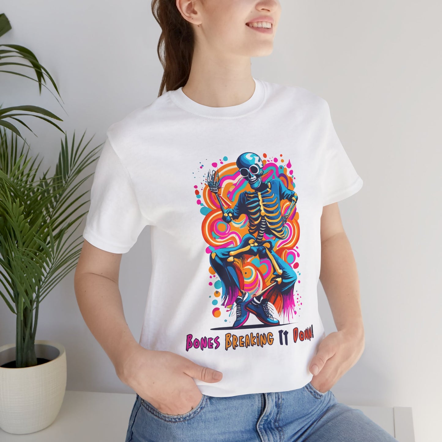 Festive Skeleton Dance: Cubist Abstraction T-Shirt | Halloween Vibes Tee