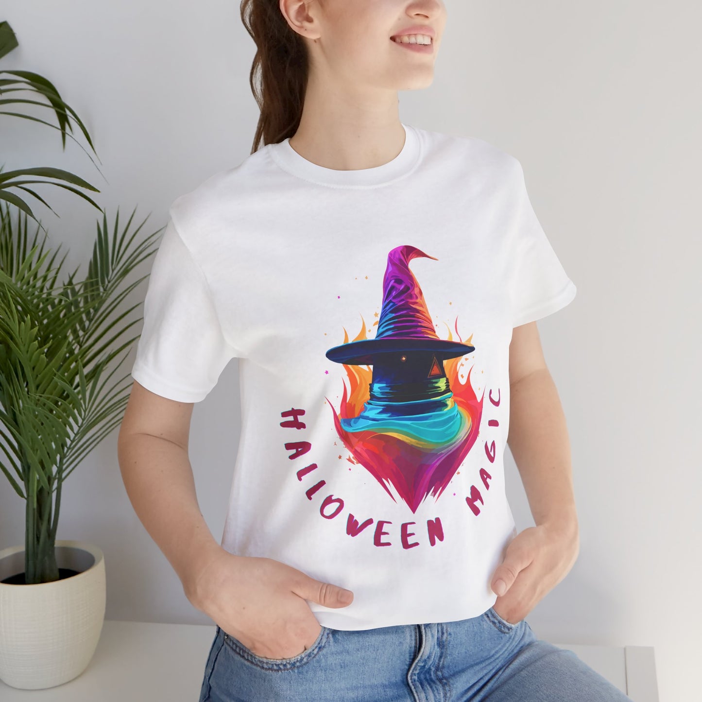 Whimsical Witch's Hat: Pop Art Neon Glow T-Shirt | Halloween Vibes Tee