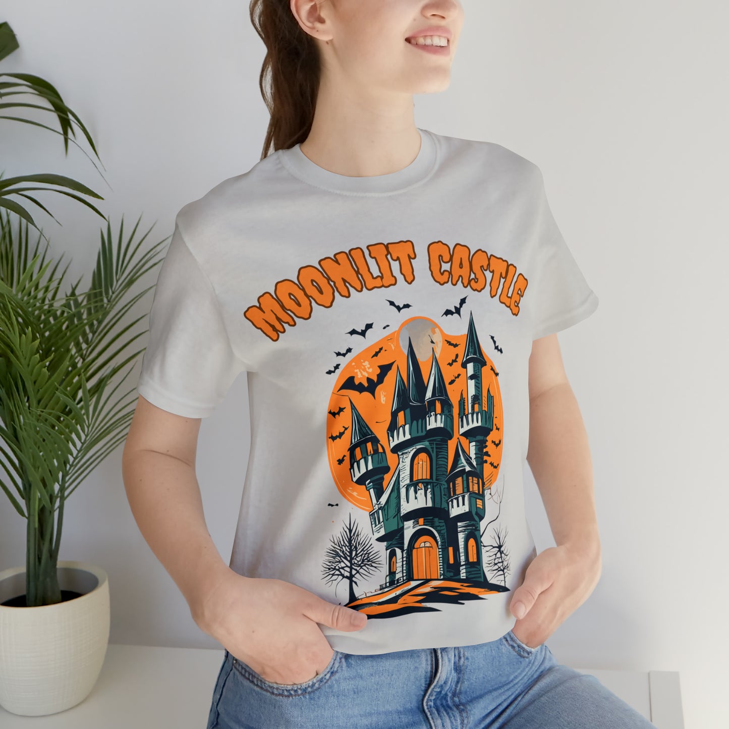 Moonlit Haunted Castle: Eerie Atmosphere T-Shirt | Halloween Vibes Tee